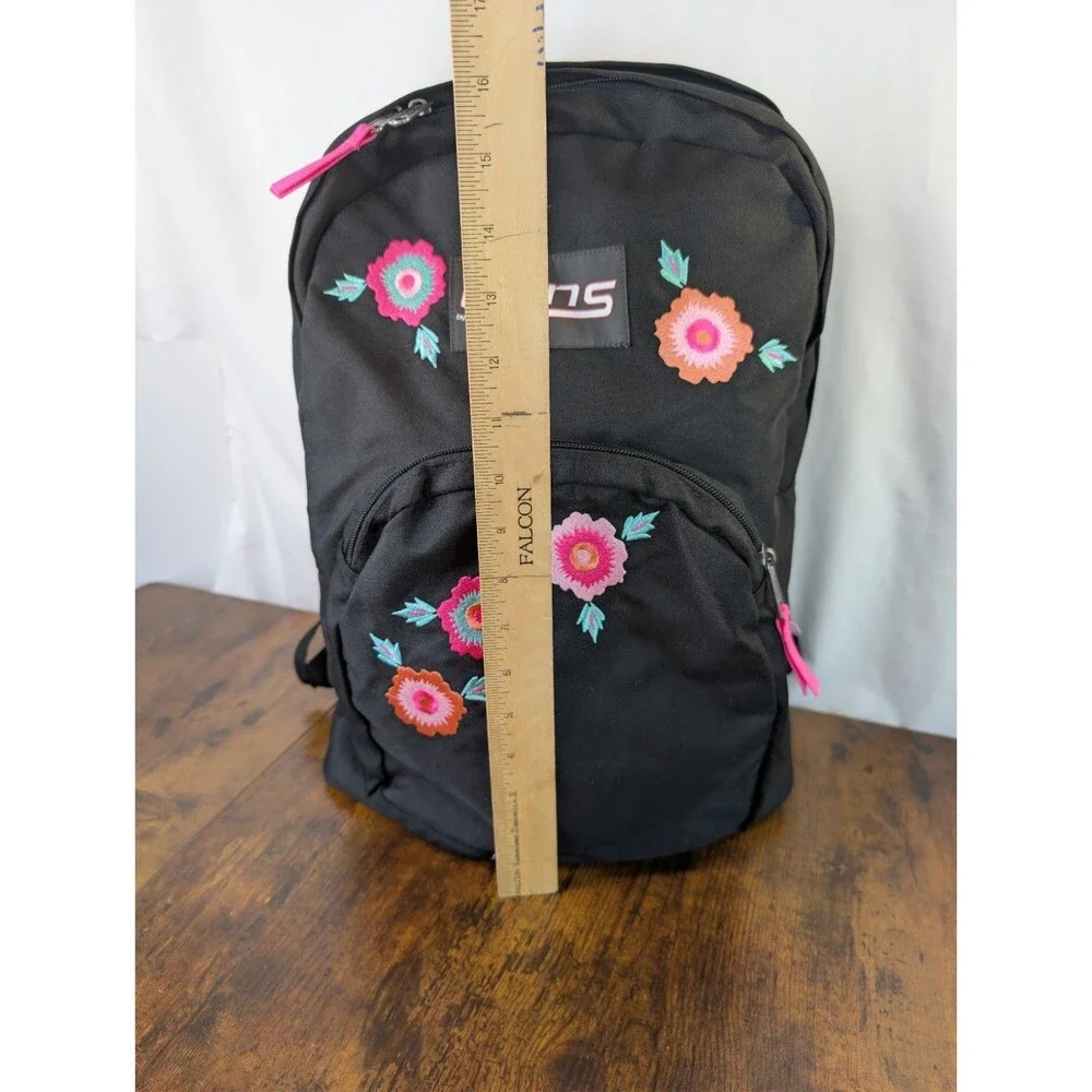 Trans By Jansport Black Pink Backpack Rosa Floral Embroidered Design